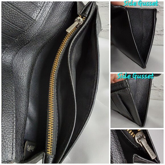 'COACH' PEBBLE LEATHER FULL-ZIP POCKET CARD SLOT LONG UNISEX WALLET BLACK/CHROME - Picture 12 of 16